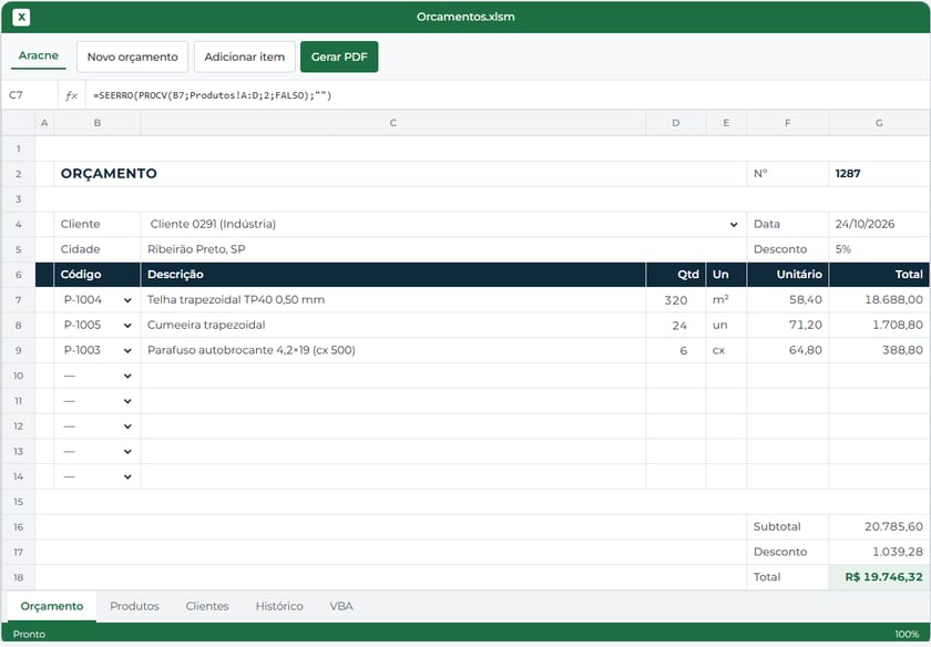 Planilha de orçamento com cliente, itens, descontos e total calculados automaticamente
