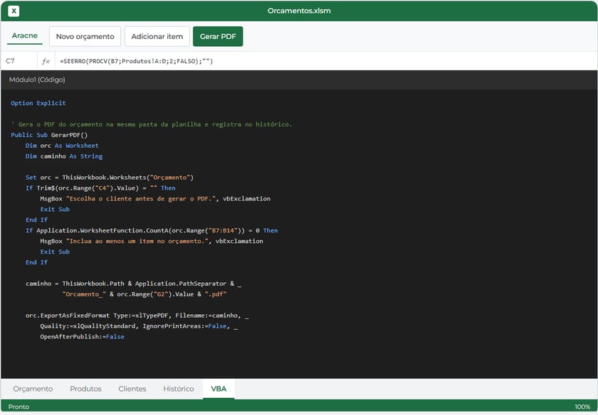 Editor de VBA com a macro que gera o PDF do orçamento e registra o histórico