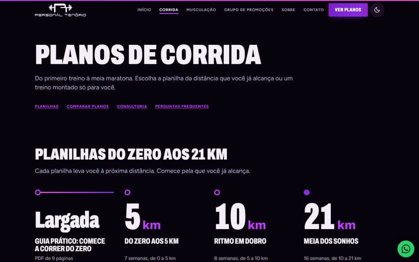 Página dos planos de corrida do site Personal Tenório