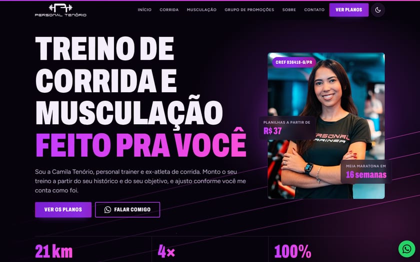 Página inicial do site da personal trainer Camila Tenório, com foto e chamada para os planos