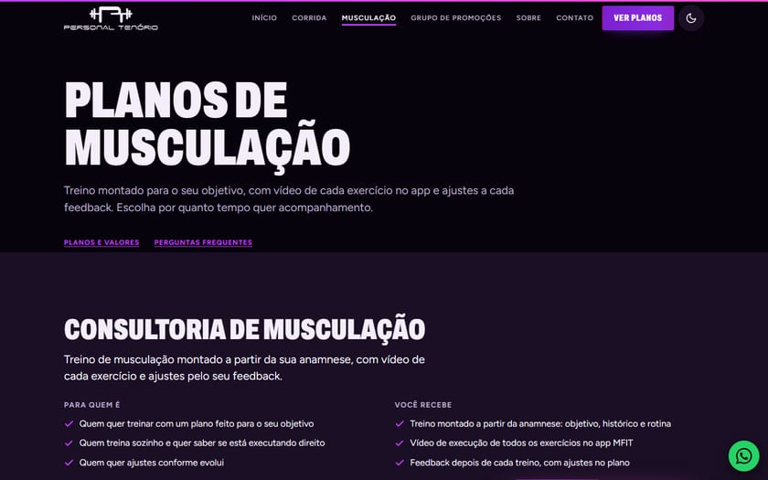Página da consultoria de musculação do site Personal Tenório