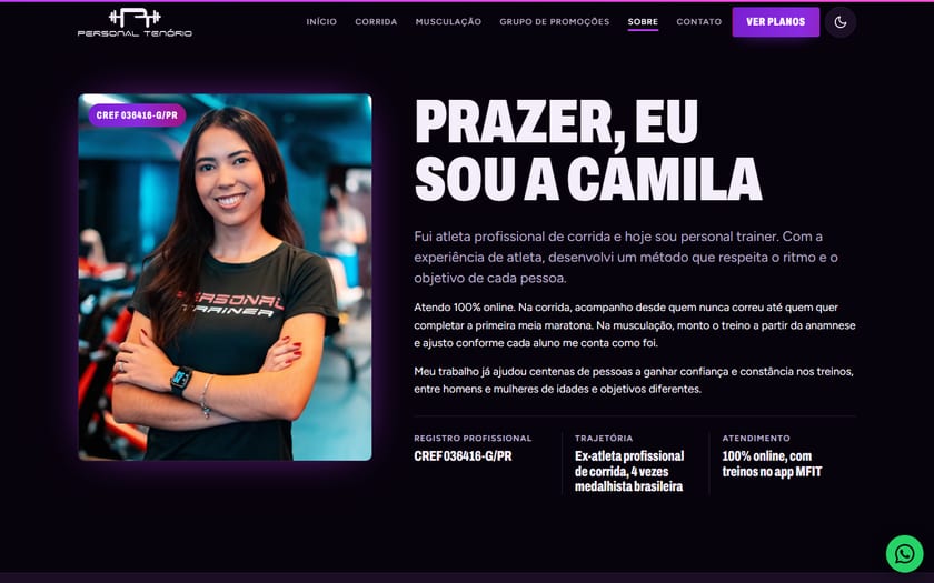 Página sobre a Camila Tenório, com a história dela e resultados de alunos